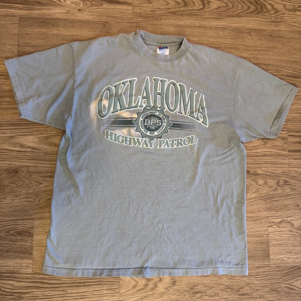 Vintage 90s Hanes Beefy-T Oklahoma Highway Patrol Shirt XL Light Blue DPS